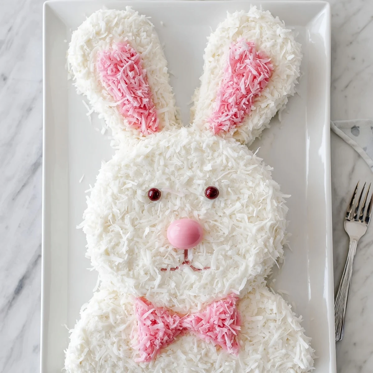 Whimsical vanilla bunny cake decorated with shredded coconut and jelly beans perfect for spring celebration