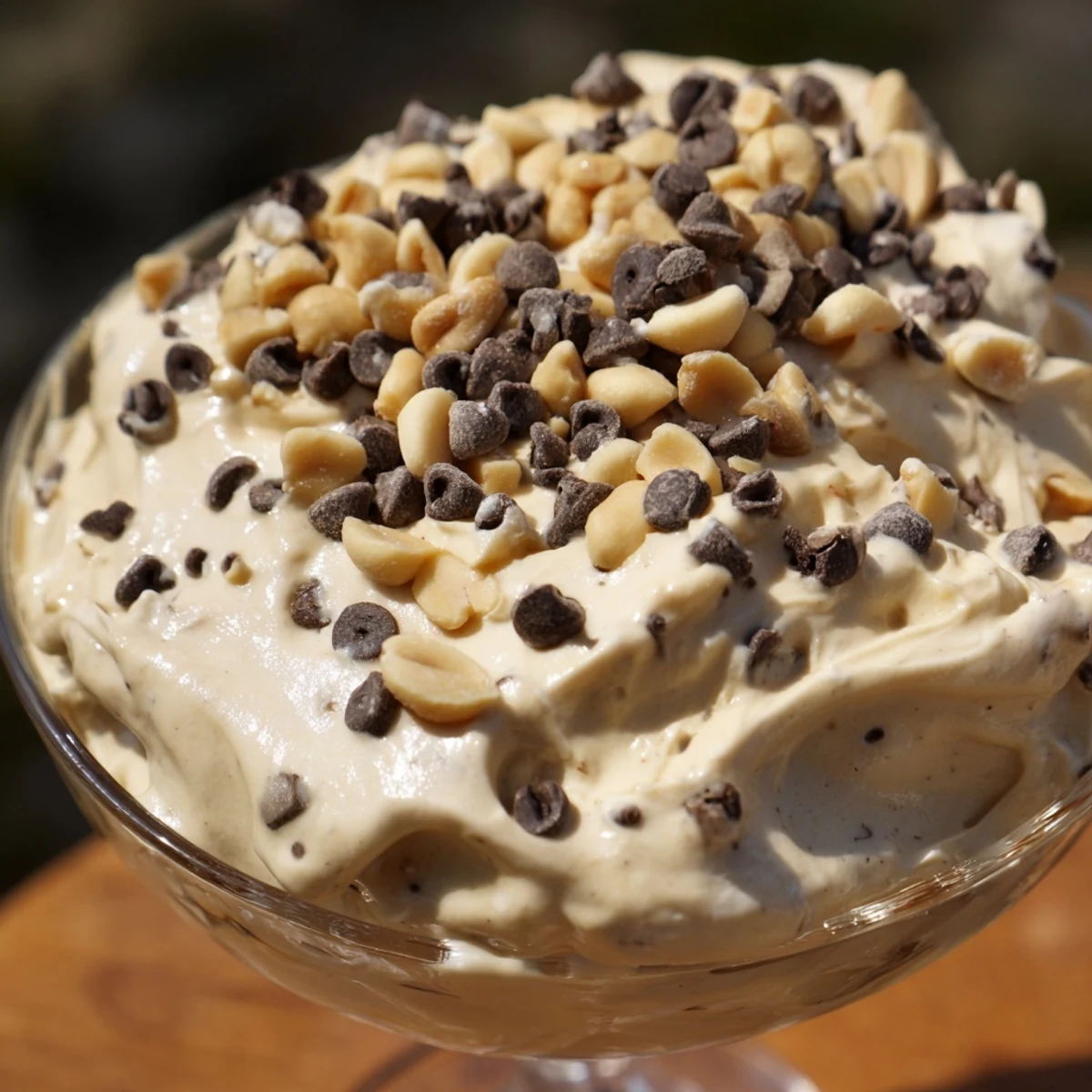 Creamy peanut butter and Cool Whip mousse topped with chopped peanuts and mini chocolate chips