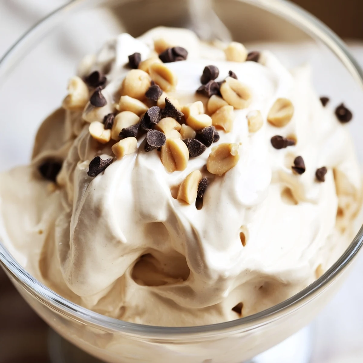 Easy no-bake peanut butter and Cool Whip mousse with smooth vanilla flavor and chocolate garnish