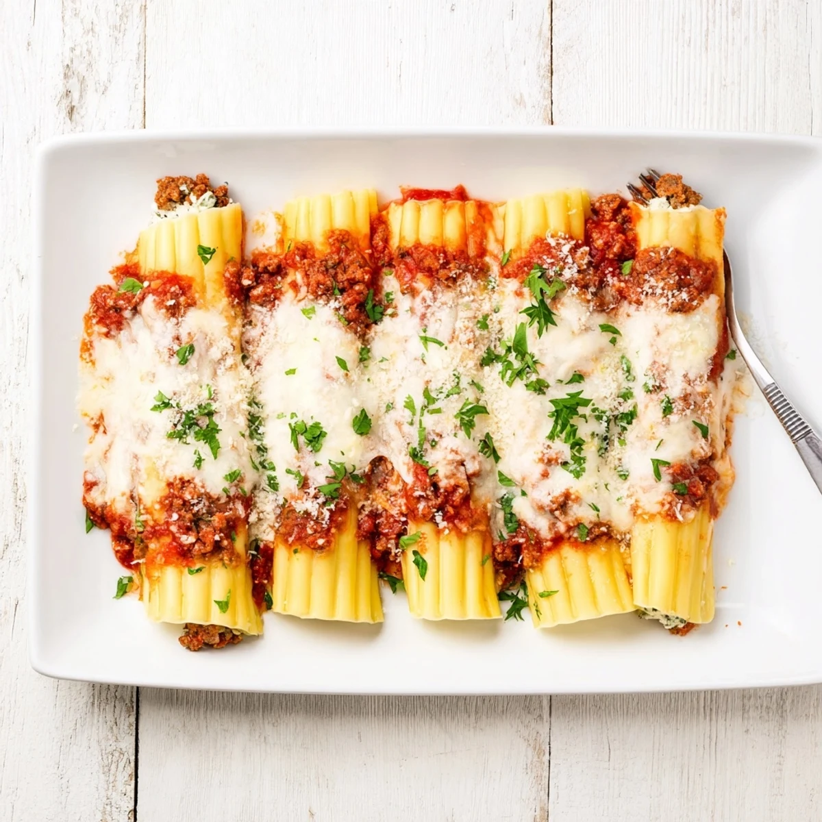 Golden baked cheesy stuffed manicotti noodles swimming in rich homemade meat sauce with melted mozzarella topping