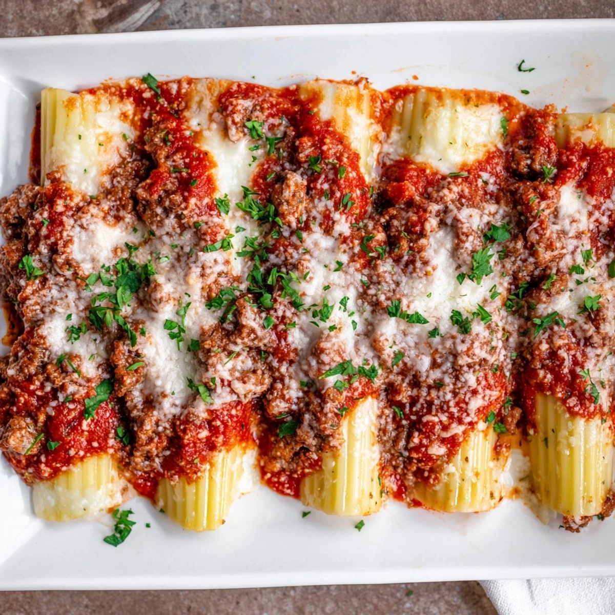 Tender pasta tubes filled with creamy ricotta mixture and smothered in seasoned tomato beef sauce