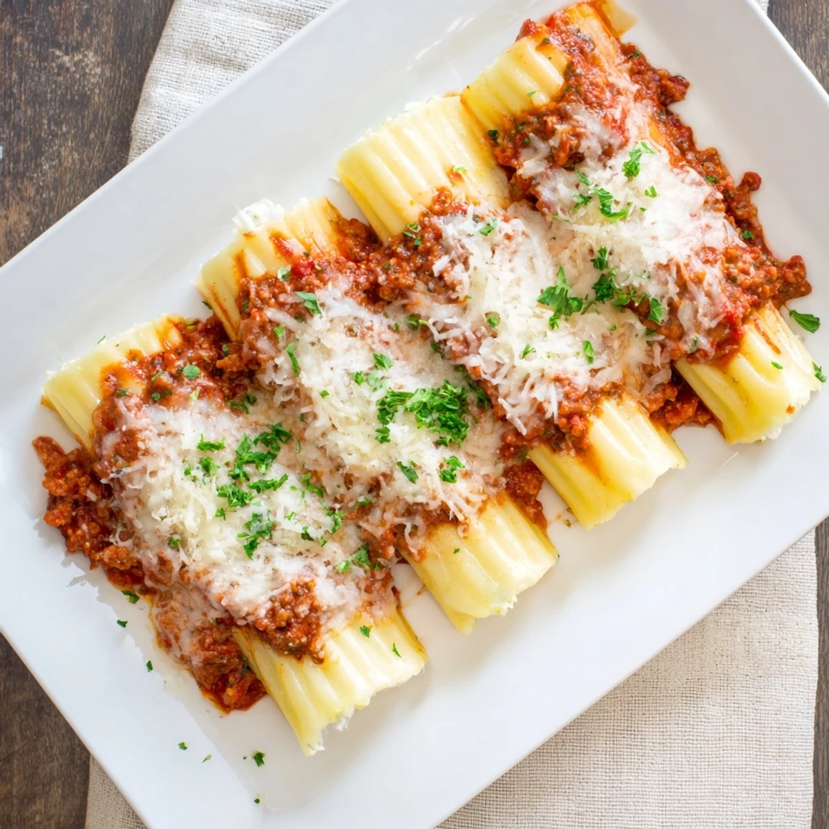 Italian cheesy stuffed manicotti casserole with bubbling cheese layers and hearty savory meat sauce