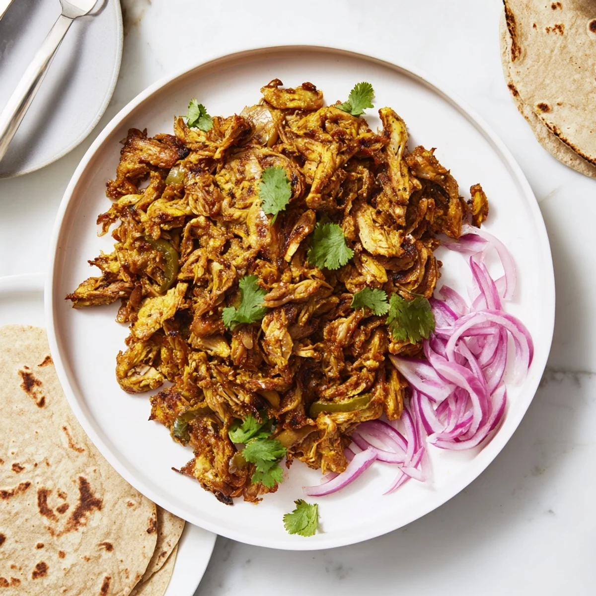 Crispy spiced mushroom carnitas arranged on warm corn tortillas topped with diced onions and lime