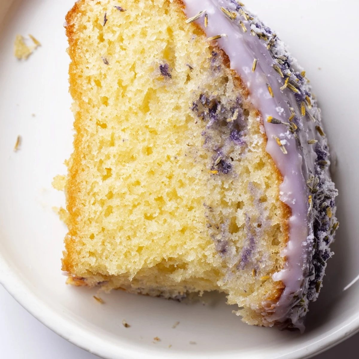 Lavender cake with lemon glaze drizzled over a tender golden crumb