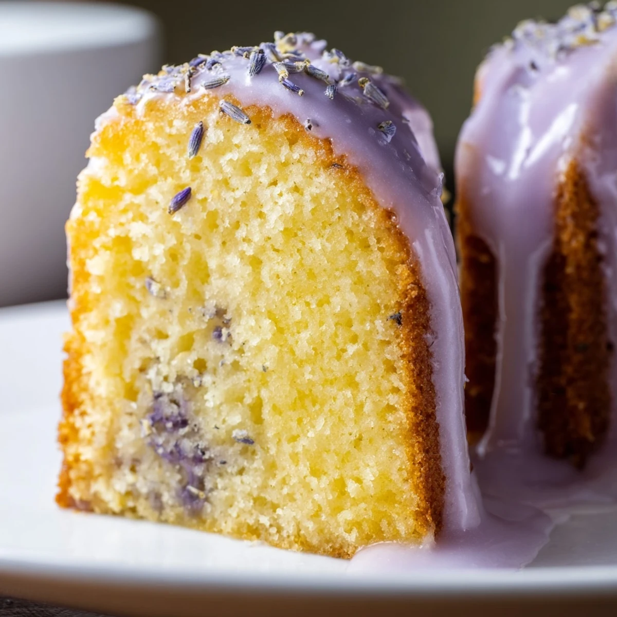 A slice of lavender cake showing its moist, delicate purple-flecked interior