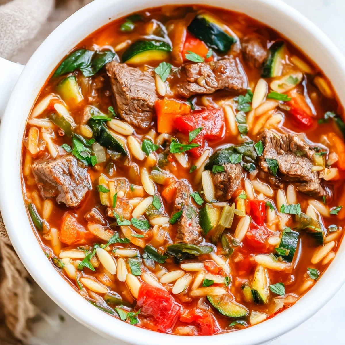 Hearty beef and orzo soup with tender meat and colorful vegetables in steaming savory broth