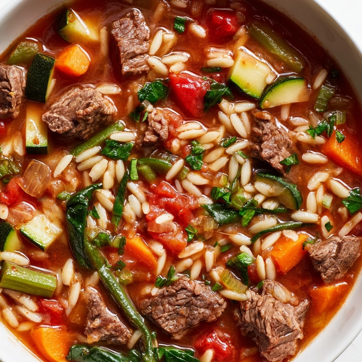 Rustic bowl of hearty beef and orzo soup garnished with fresh parsley and garden veggies