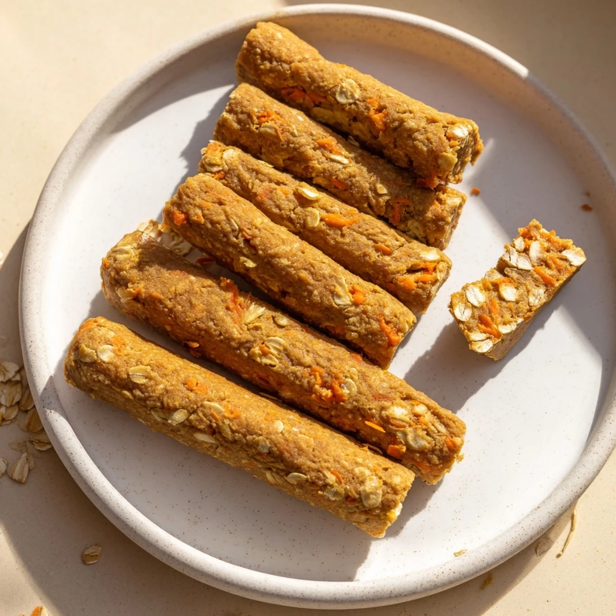 Golden brown apple and carrot dog chew sticks arranged on a parchment-lined baking sheet ready for treat time