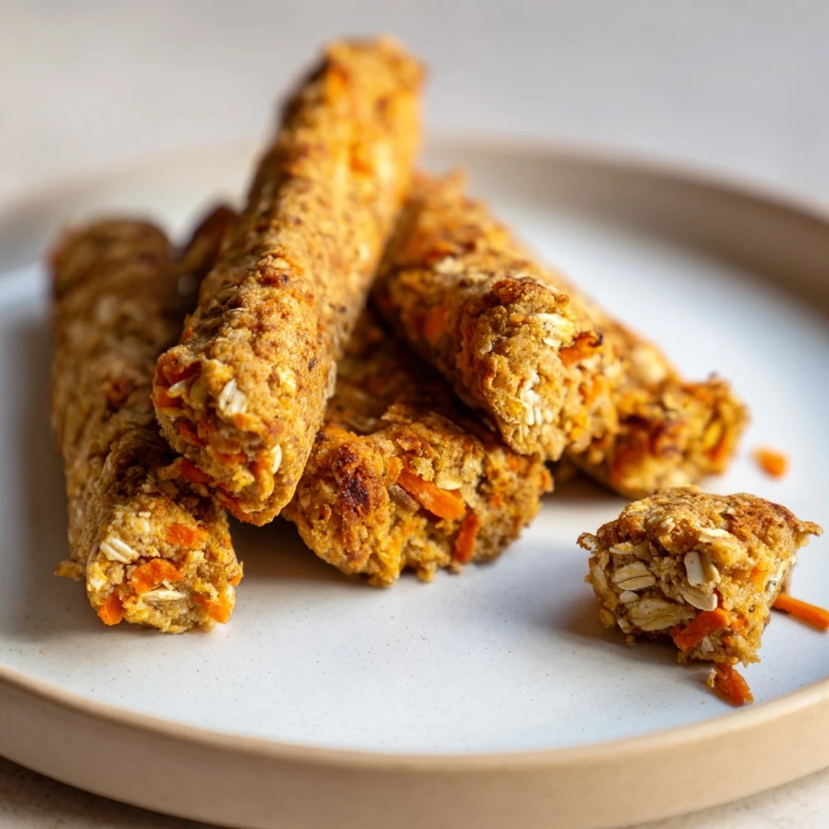 Crunchy homemade apple and carrot dog treats with visible flecks of fresh grated vegetables baked until firm