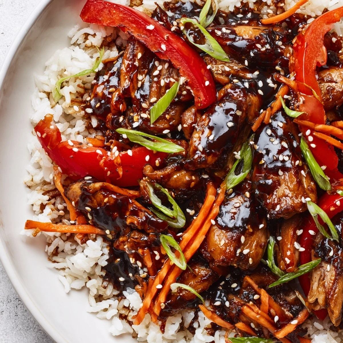 Glossy Korean BBQ Chicken and Rice served in a cast iron skillet with sesame seeds scattered on top