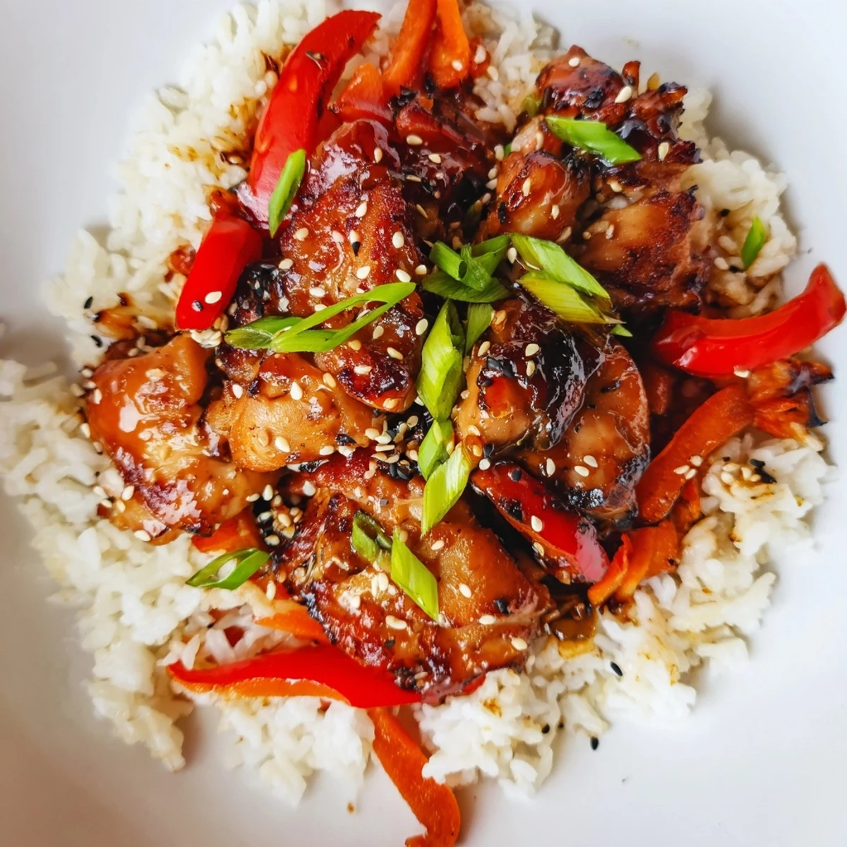 One Pan Korean BBQ Chicken and Rice with colorful bell peppers and tender juicy glazed chicken pieces