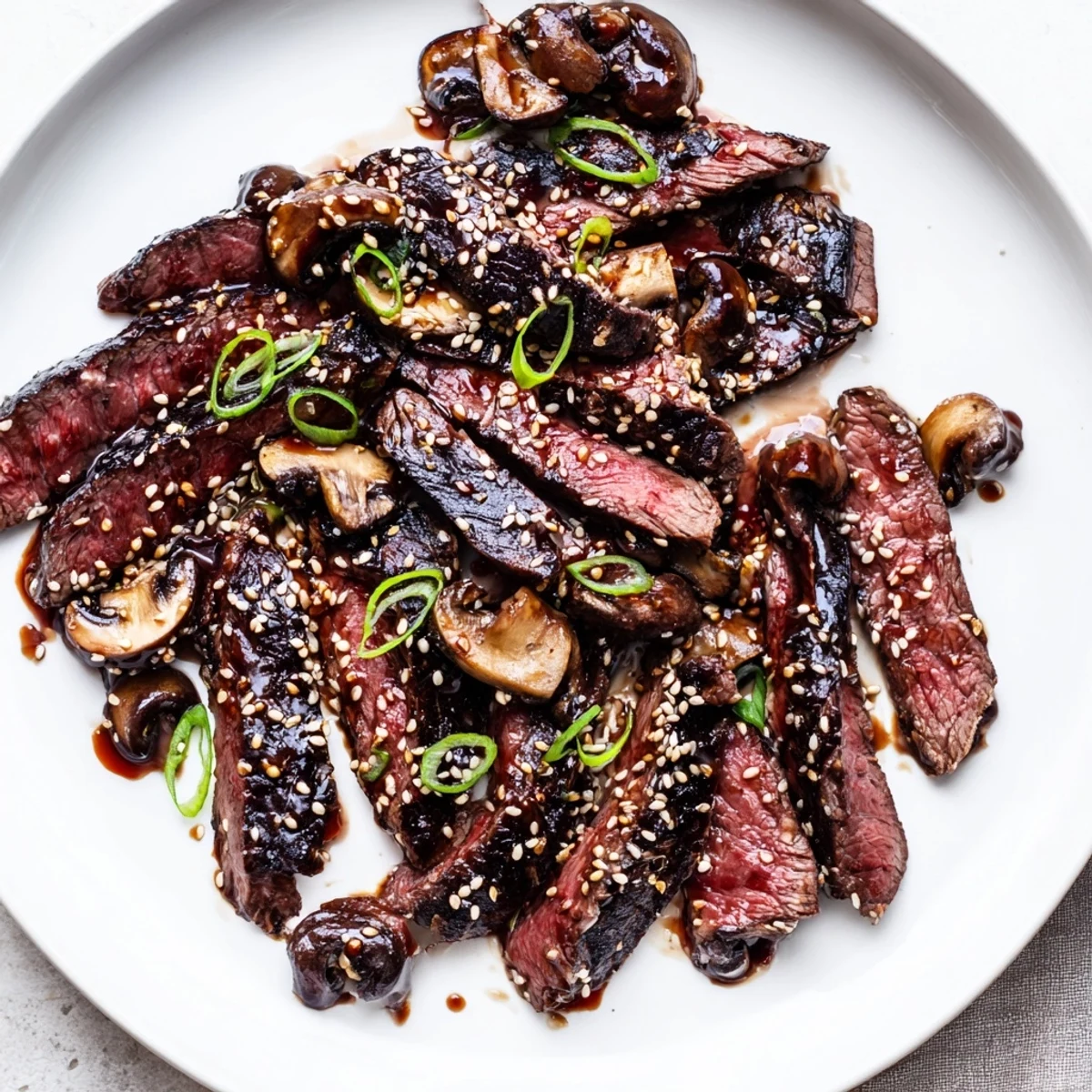 Beef Yakiniku sizzling on a grill pan with charred vegetables and steamed white rice