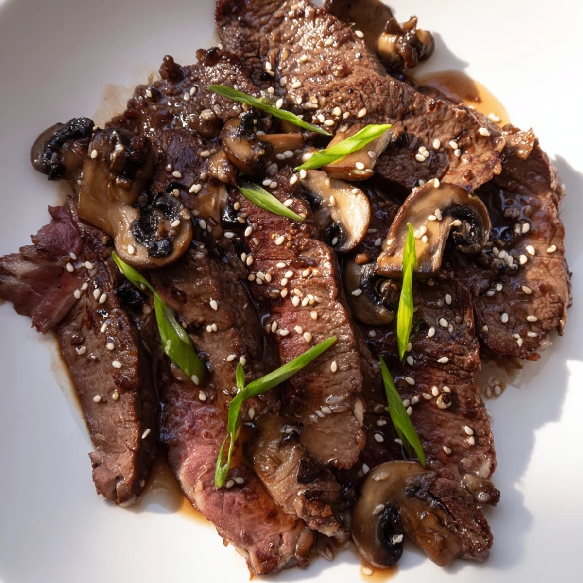 Thinly sliced Beef Yakiniku glazed in savory marinade served alongside colorful grilled bell peppers