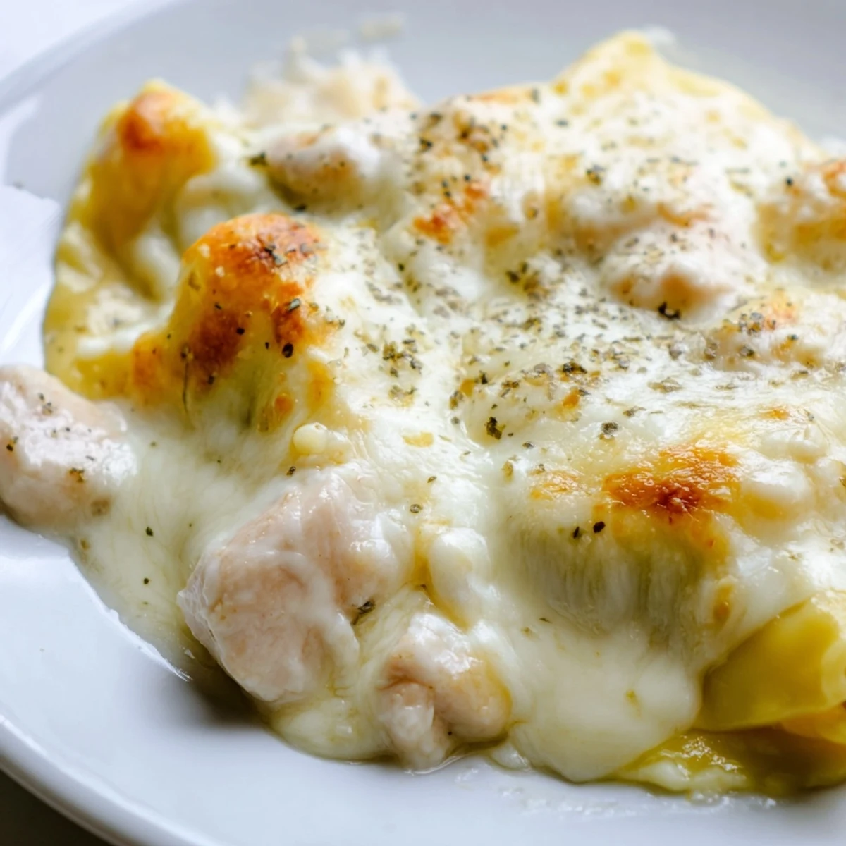 Golden bubbly chicken Alfredo baked ravioli casserole with melted mozzarella cheese on top