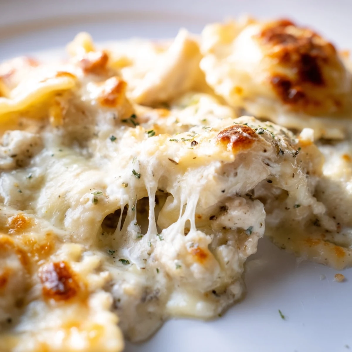 Creamy chicken Alfredo baked ravioli served in a white dish with parsley garnish