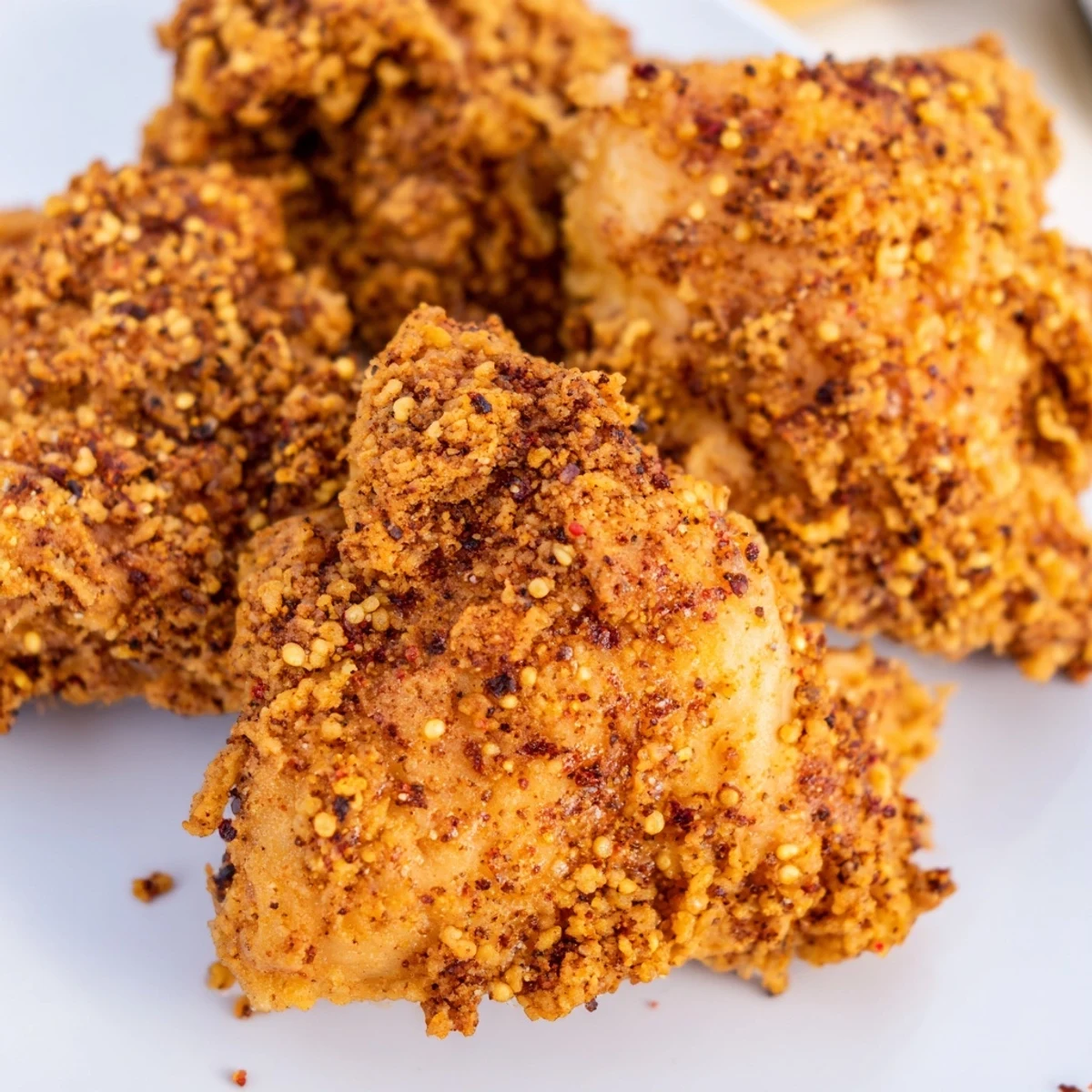 Crispy fried chicken with golden brown crust served on a rustic wooden cutting board