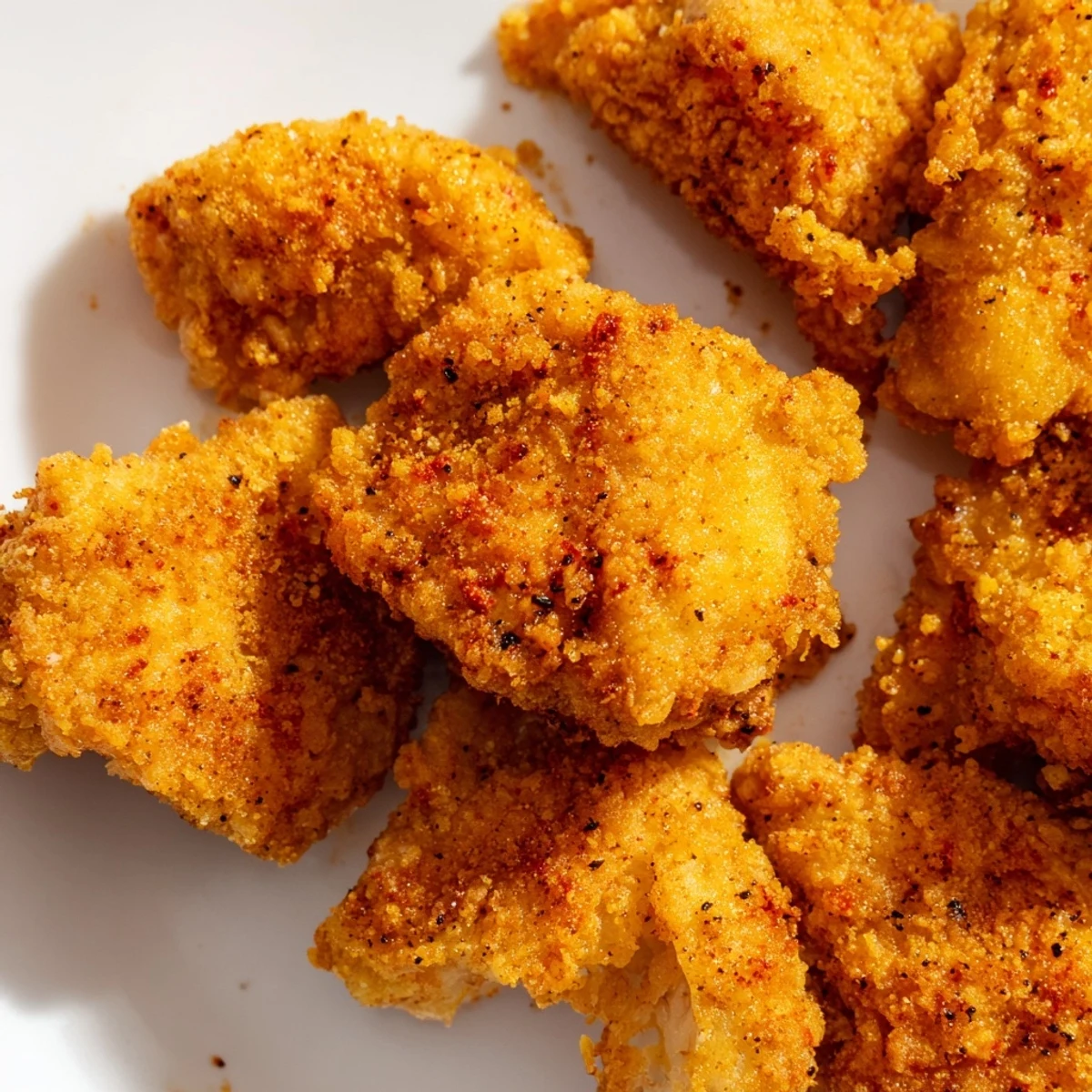 Golden fried chicken pieces arranged on a platter with creamy dipping sauce