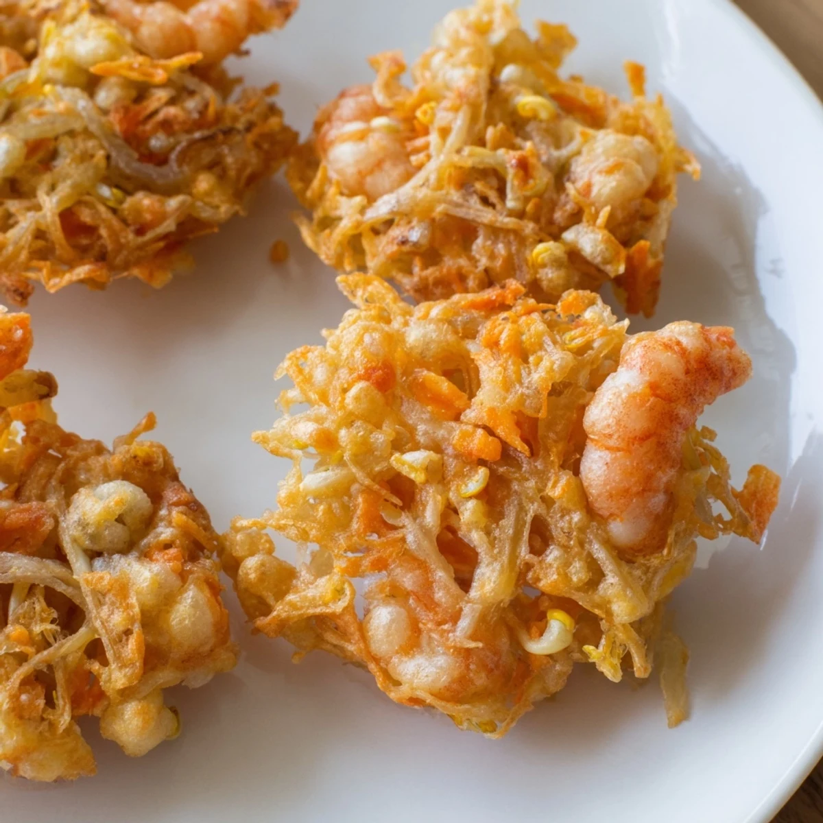 Golden crispy Ukoy Filipino shrimp fritters with visible vegetables on a white plate