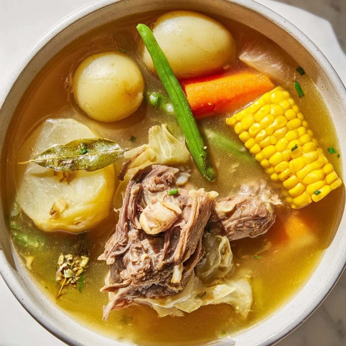 Steaming bowl of Filipino Bulalo with tender beef shank and golden bone marrow broth