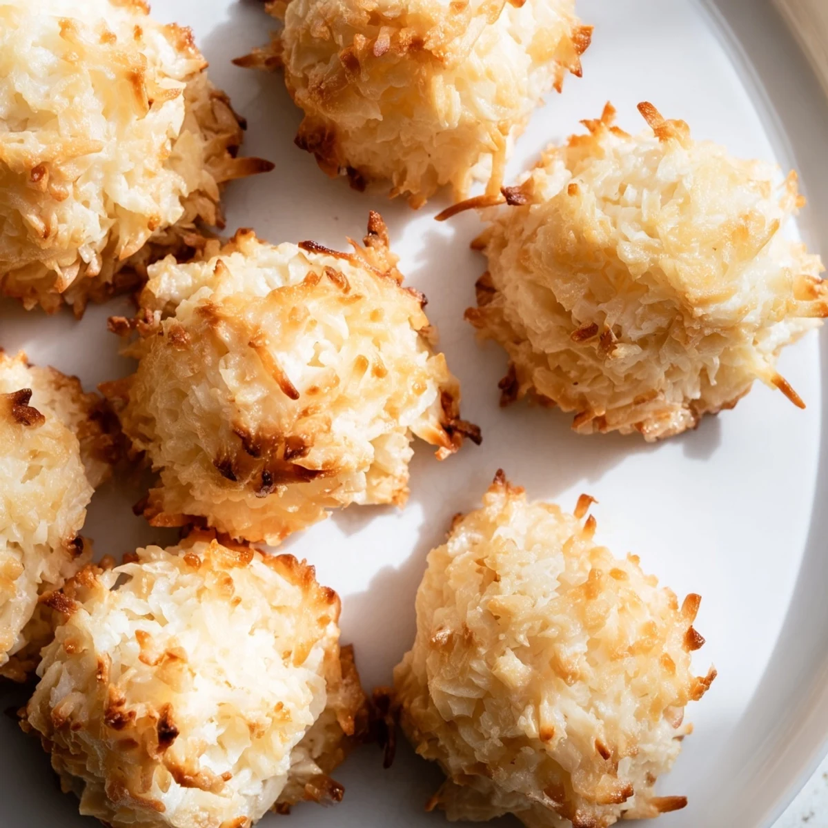 Golden chewy coconut macaroons with crispy edges arranged on a white serving plate
