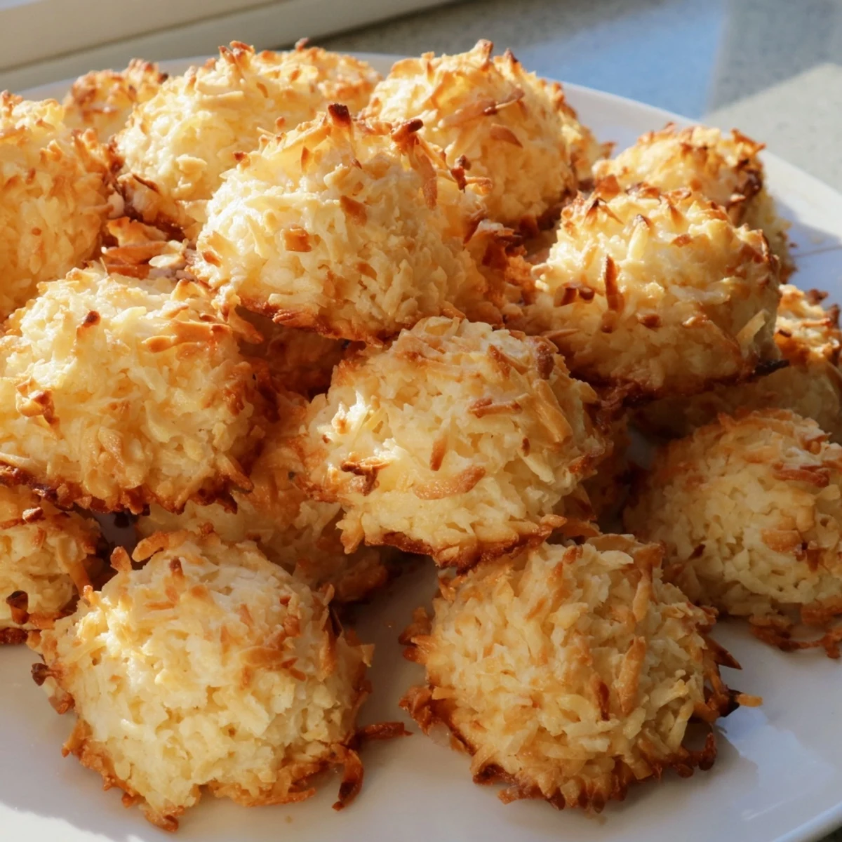 Chewy coconut macaroons dipped in rich melted chocolate sitting on parchment paper