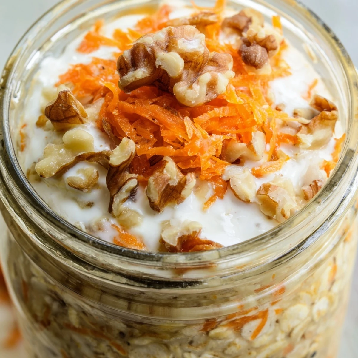 Creamy carrot cake overnight oats in a mason jar topped with crunchy walnuts and raisins