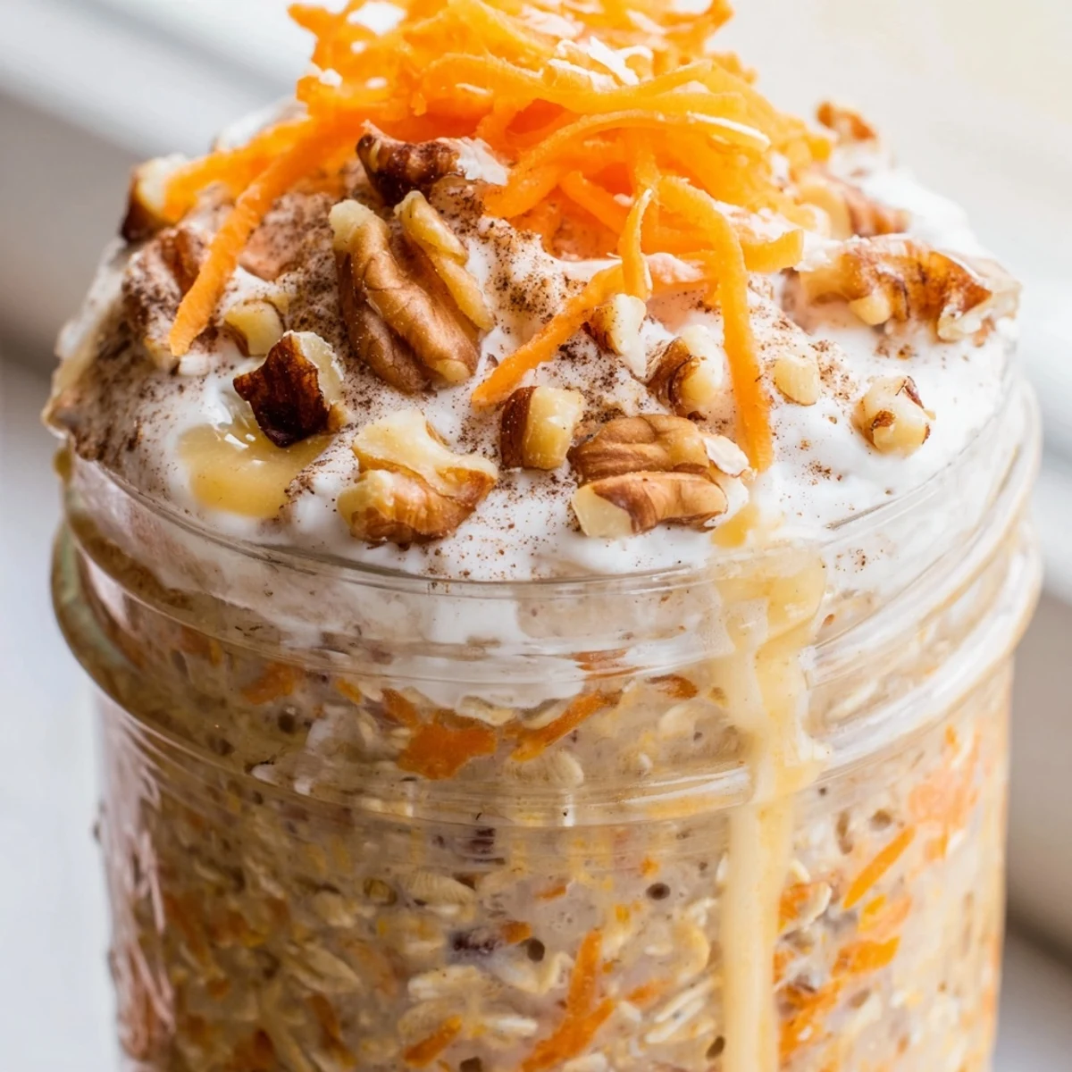 Spiced carrot cake overnight oats served chilled with a drizzle of maple syrup