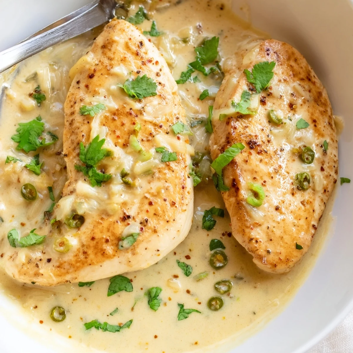 Golden jalapeno chicken breasts nestled in creamy white sauce with fresh cilantro garnish on top