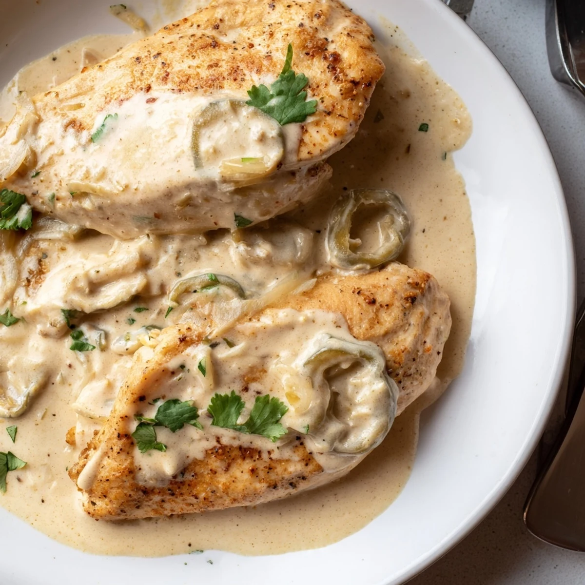 Spicy jalapeno chicken swimming in rich melted Monterey Jack cheese sauce with sliced pepper rings