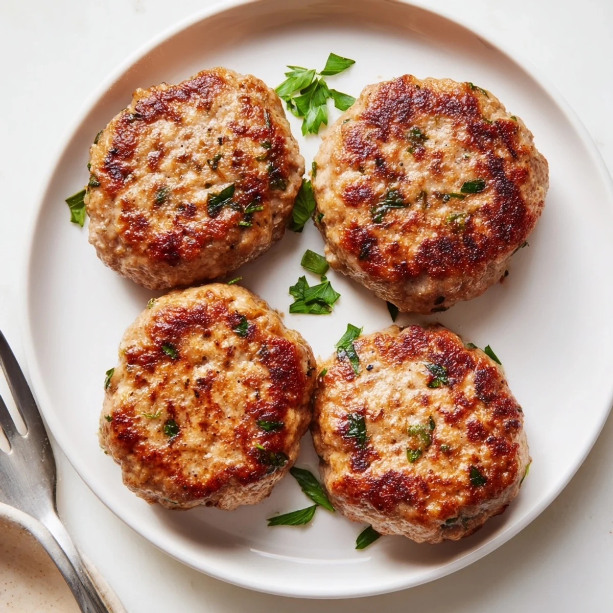 Golden brown ground turkey sausage patties sizzling in a cast iron skillet