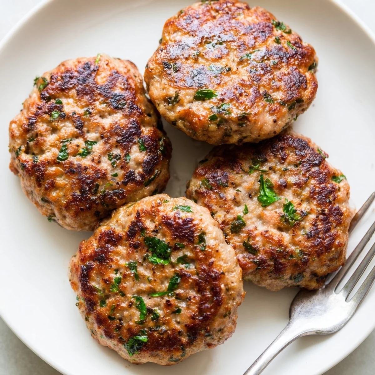 Seasoned ground turkey sausage shaped into tender breakfast patties on a white plate