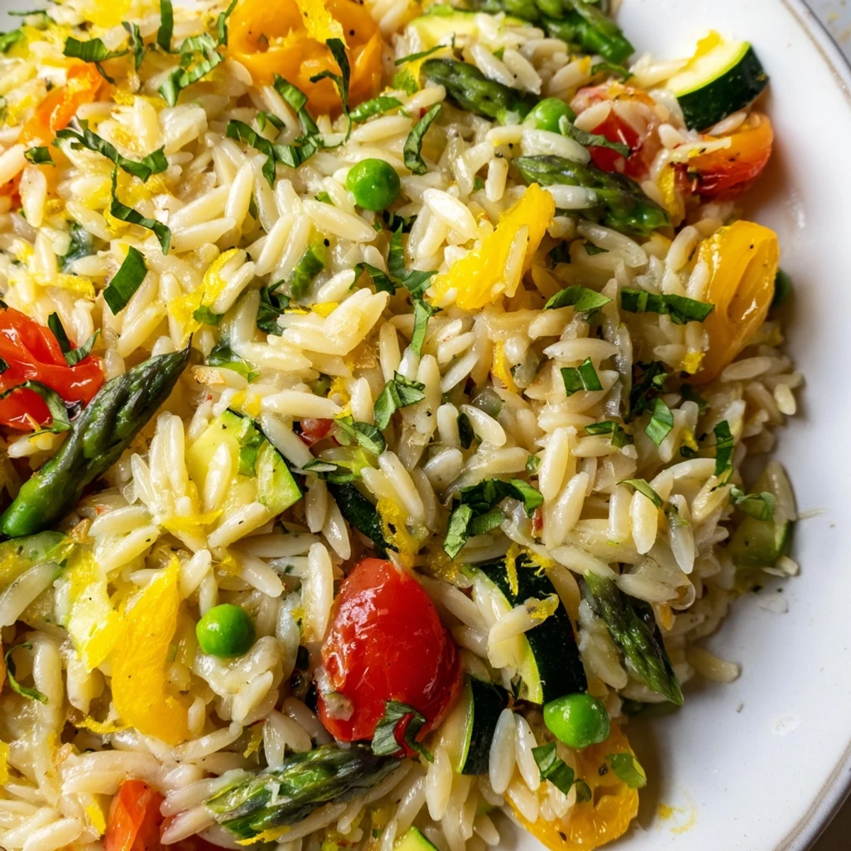 A colorful plate of orzo primavera with fresh spring vegetables and lemon zest.