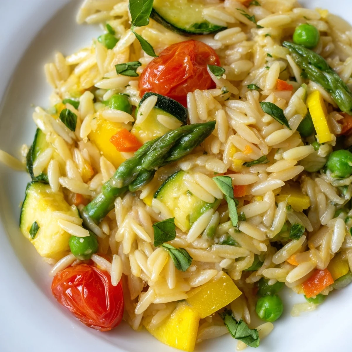 Tender orzo pasta tossed with crisp vegetables in a light lemon-infused sauce.