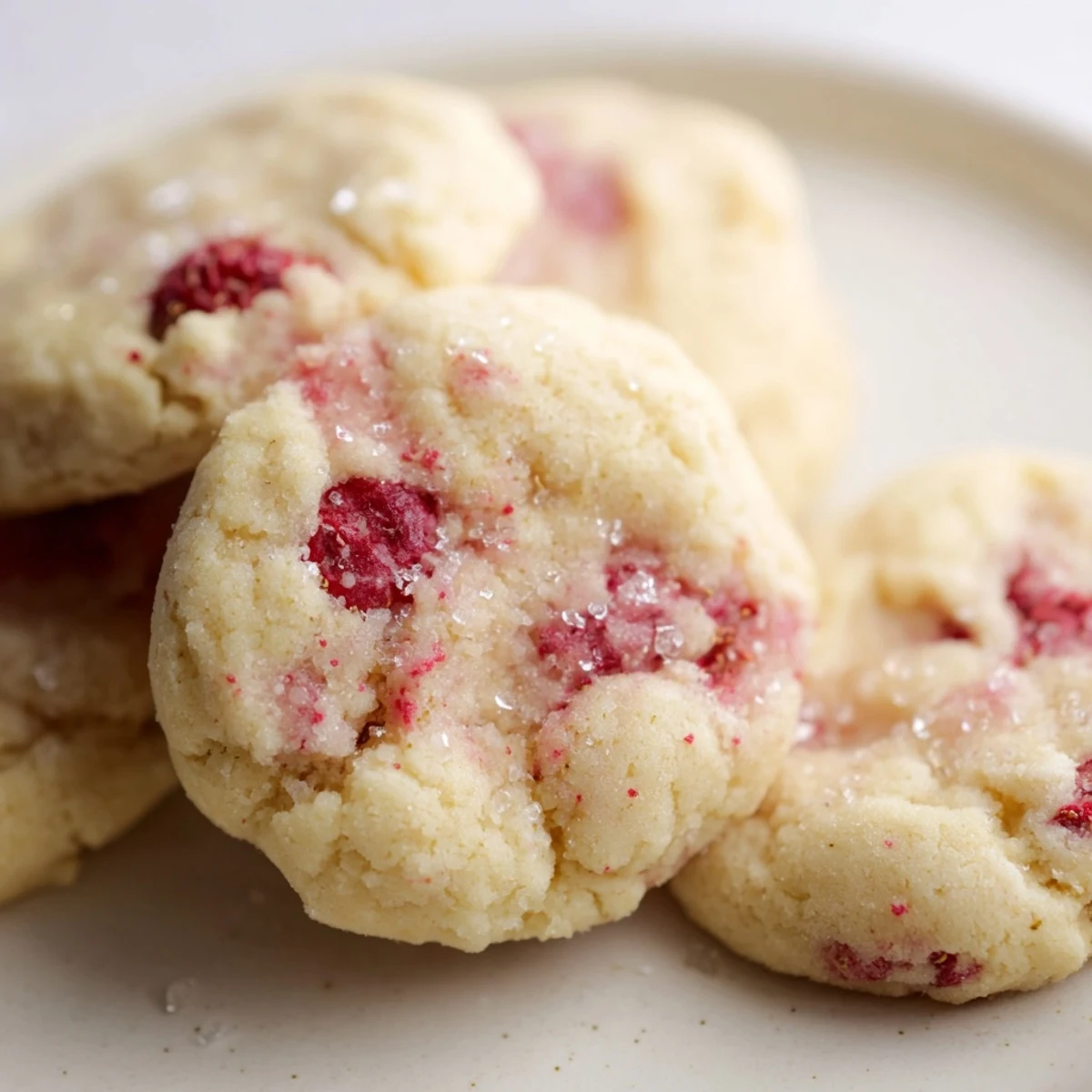 Soft Lemon Raspberry Cookies with golden edges and juicy red berry pieces on a rustic baking sheet