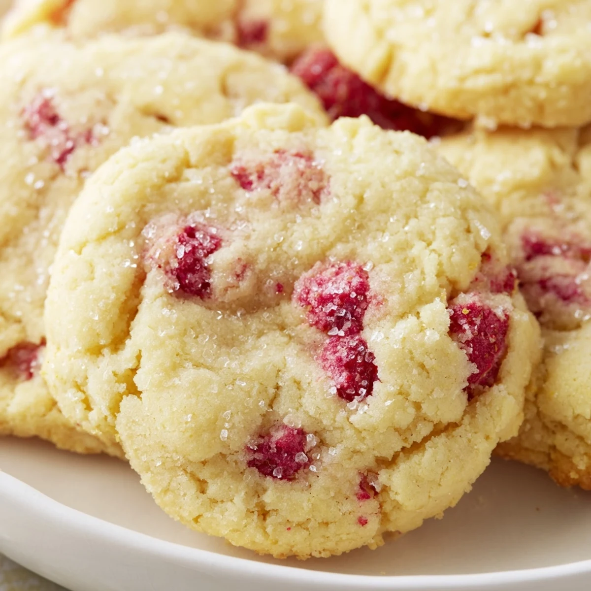 Chewy Lemon Raspberry Cookies arranged on a white plate with powdered sugar dusting and citrus zest