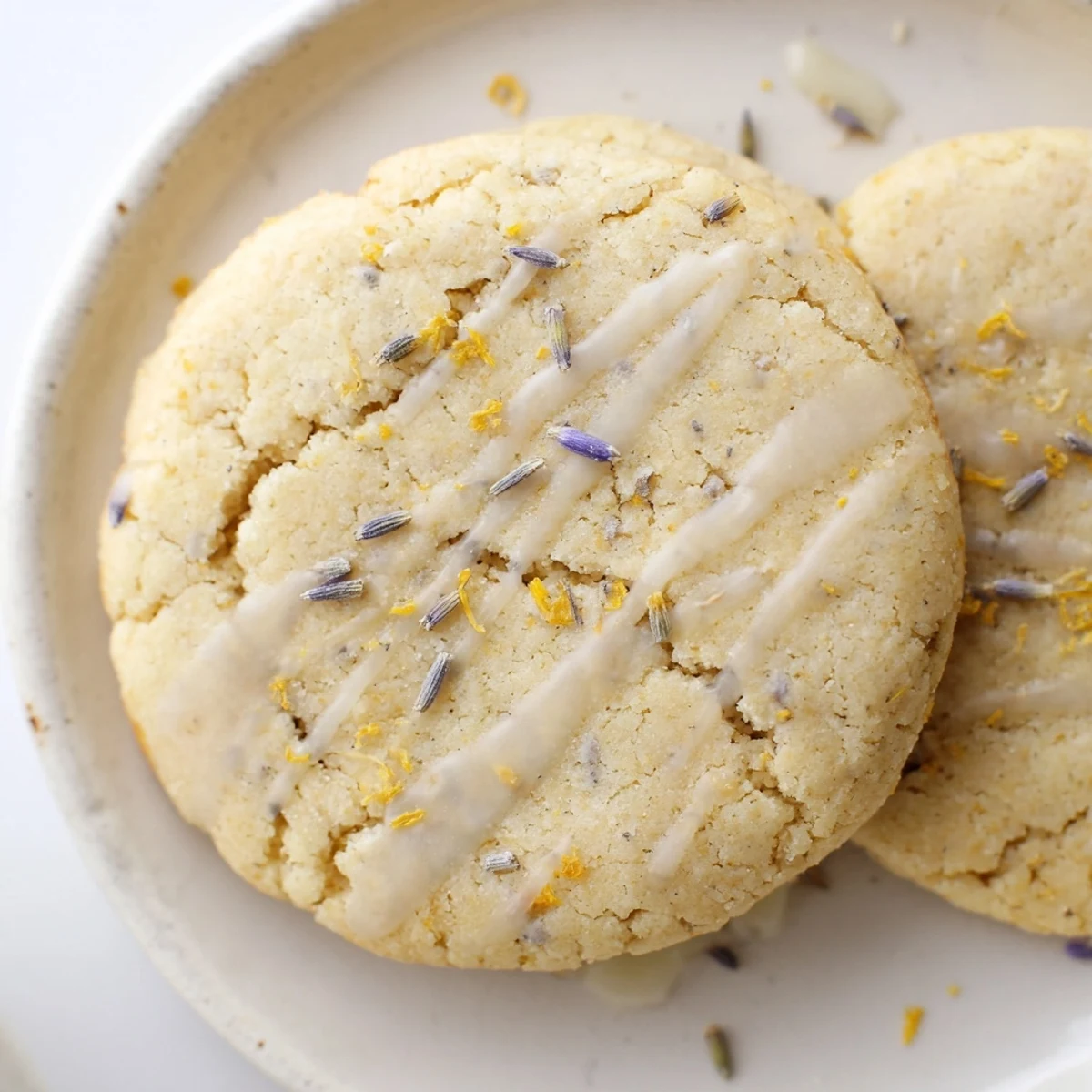Soft lemon lavender cookies with golden edges arranged on a rustic white ceramic plate