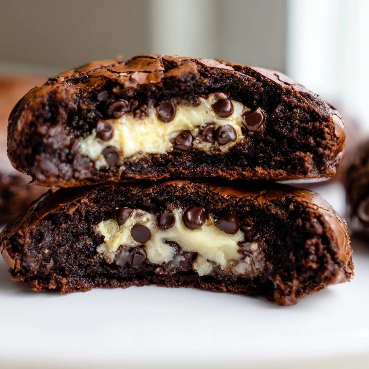 Fudgy brownie cookies stuffed with cookie dough displayed on a rustic wooden board with glass of milk
