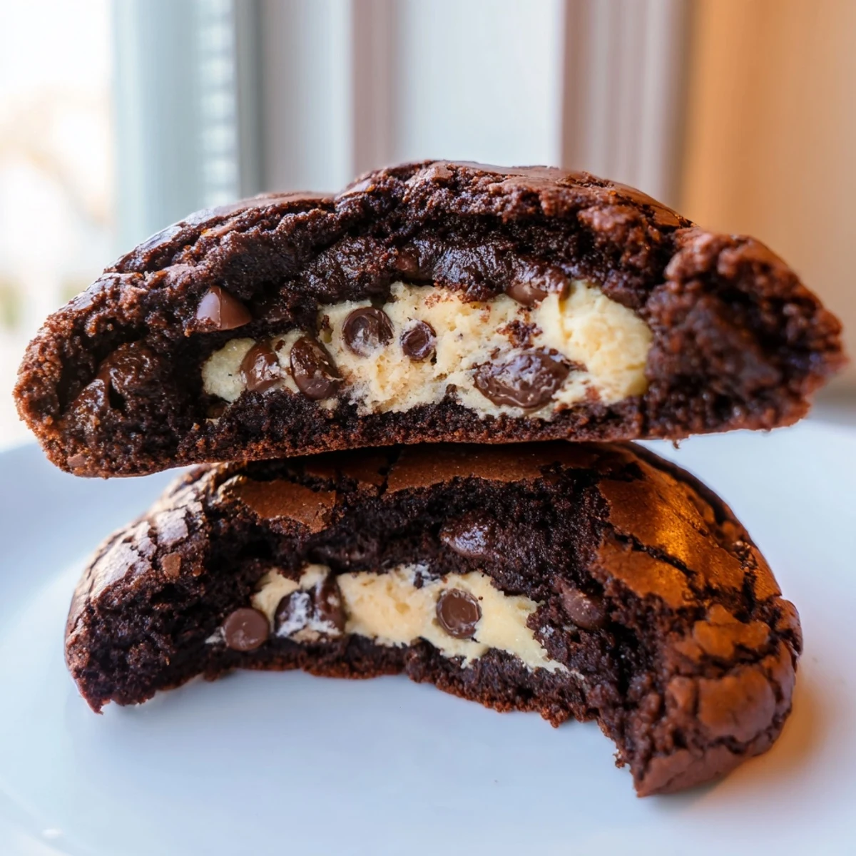 Cracked tops reveal eggless cookie dough centers in these rich fudgy brownie cookies stacked high
