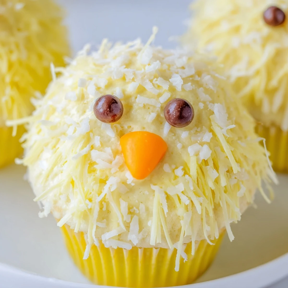 Cheerful Easter Chick Cupcakes with fluffy yellow frosting on a rustic spring table