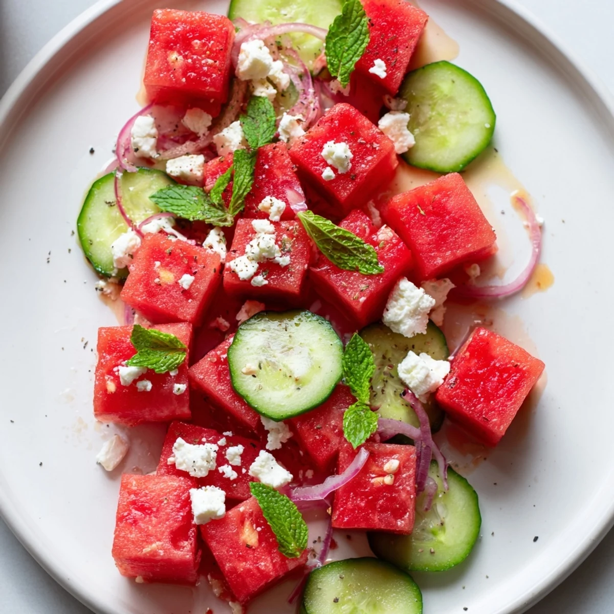 Juicy watermelon feta salad topped with fresh mint leaves and crumbled cheese