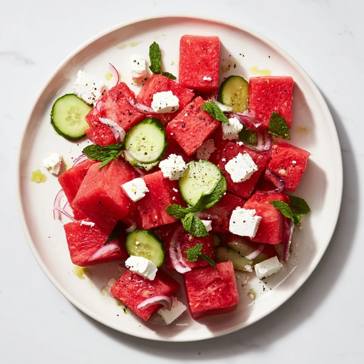 Refreshing watermelon feta salad with cucumber slices red onion and lime dressing