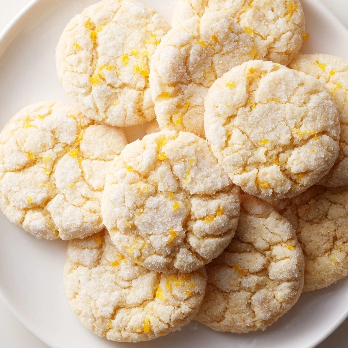 Chewy lemon sugar cookies arranged on a white plate with citrus zest garnish