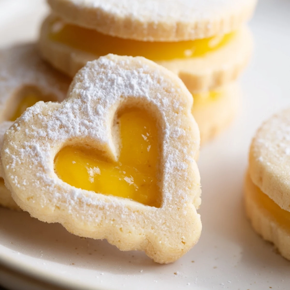 Meyer Lemon Curd Linzer Cookies dusted with powdered sugar reveal golden almond shortbread layers