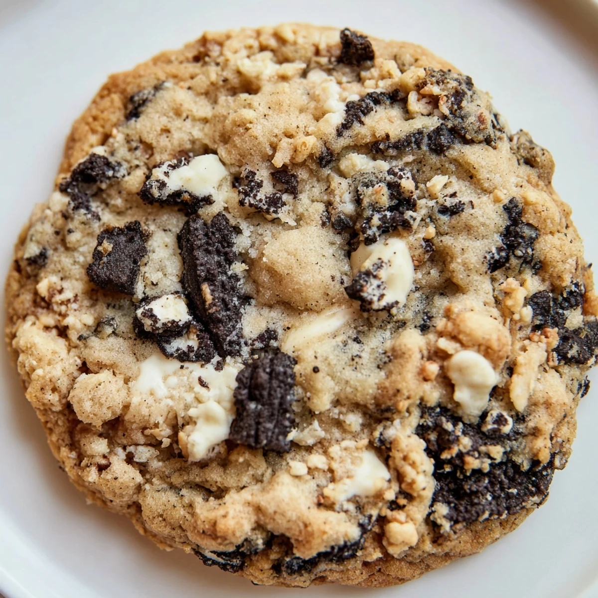 Soft chewy cookies and cream cookie with white chocolate chips on rustic baking sheet