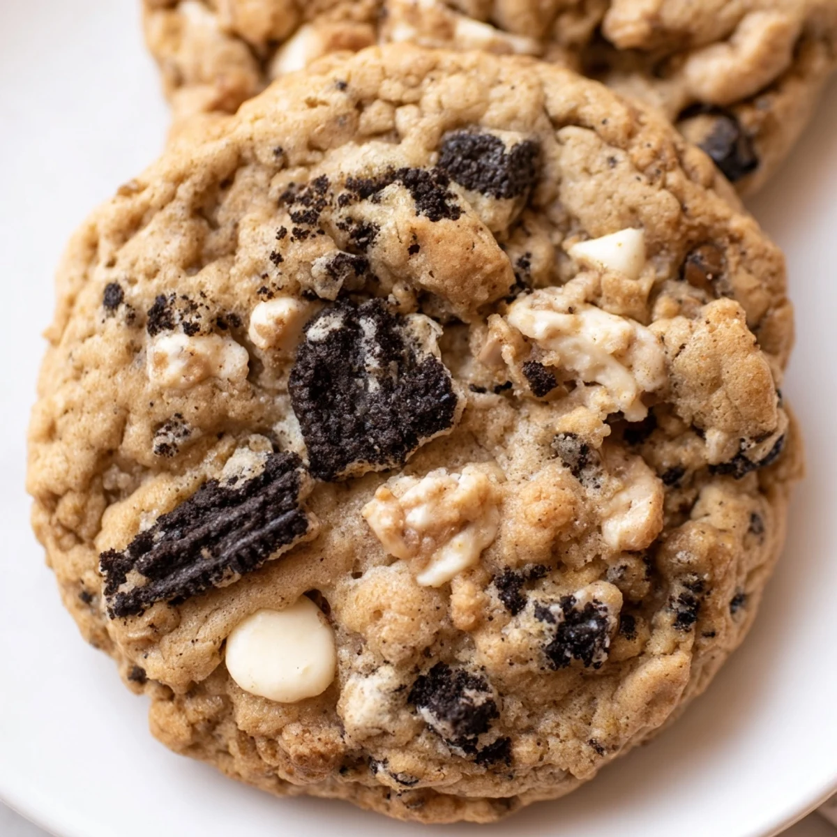 Chopped chocolate sandwich cookies and creamy chips top freshly baked cookies and cream cookies