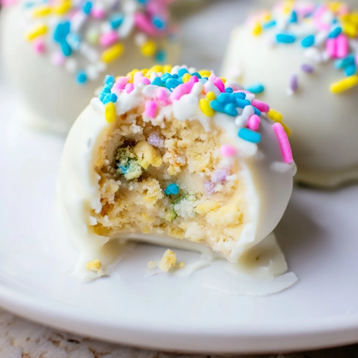 Creamy Banana Pudding Easter Truffles coated in white chocolate with pastel sprinkles
