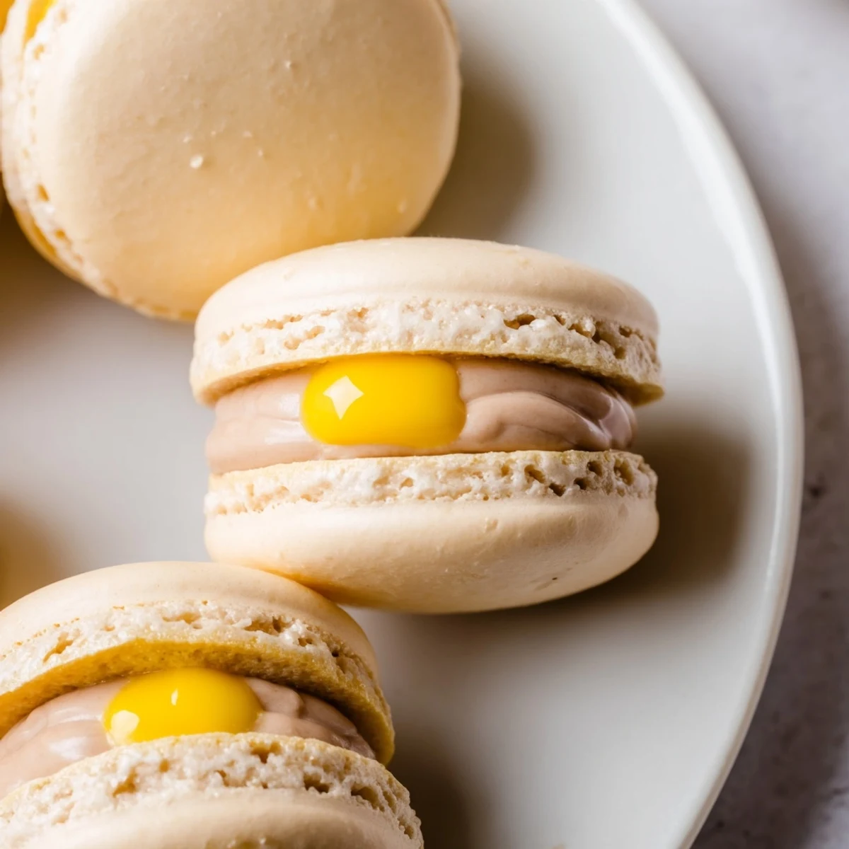 Delicate Cadbury Egg macarons with smooth chocolate filling on a white ceramic plate