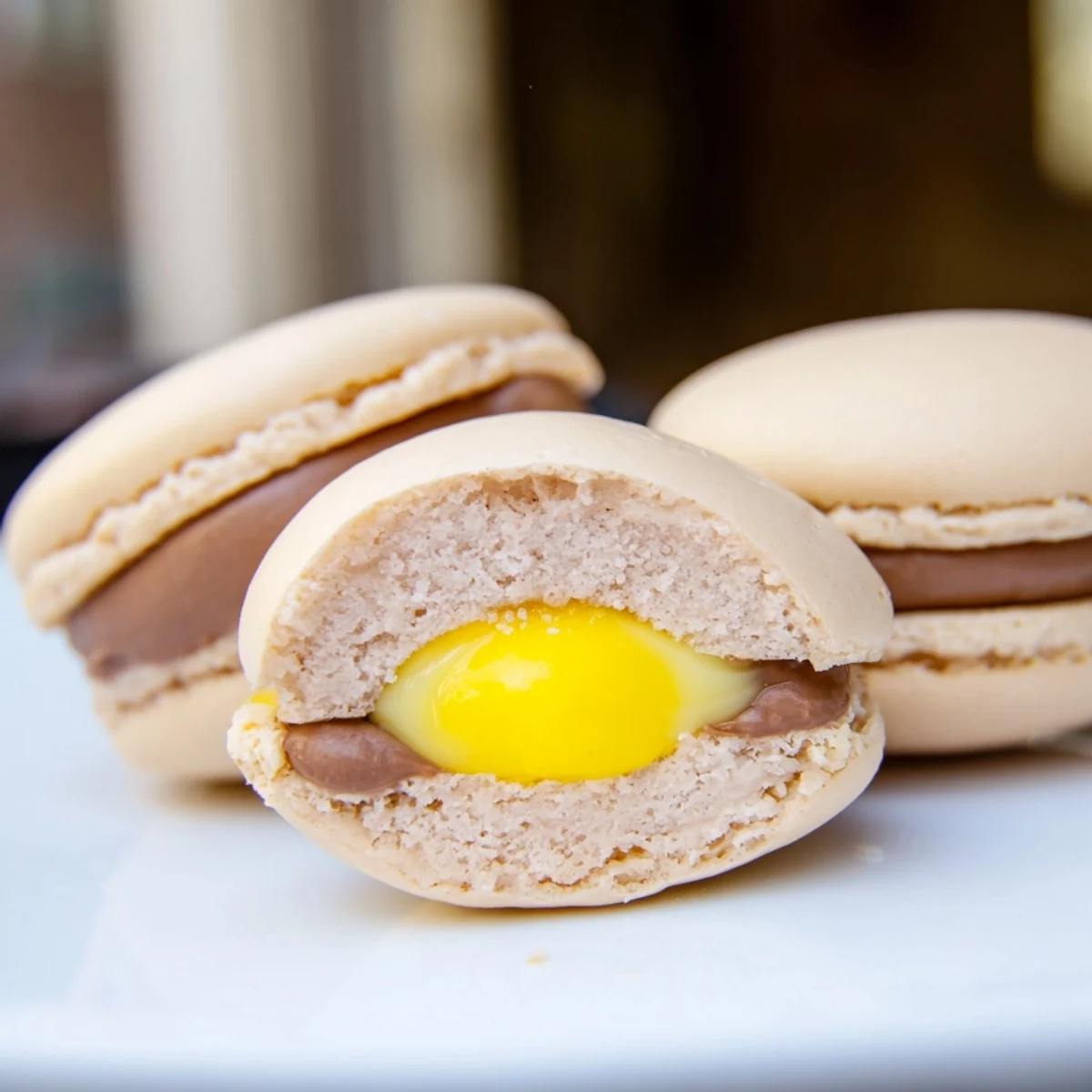 Pastel Cadbury Egg macarons arranged on a rustic wooden board for Easter