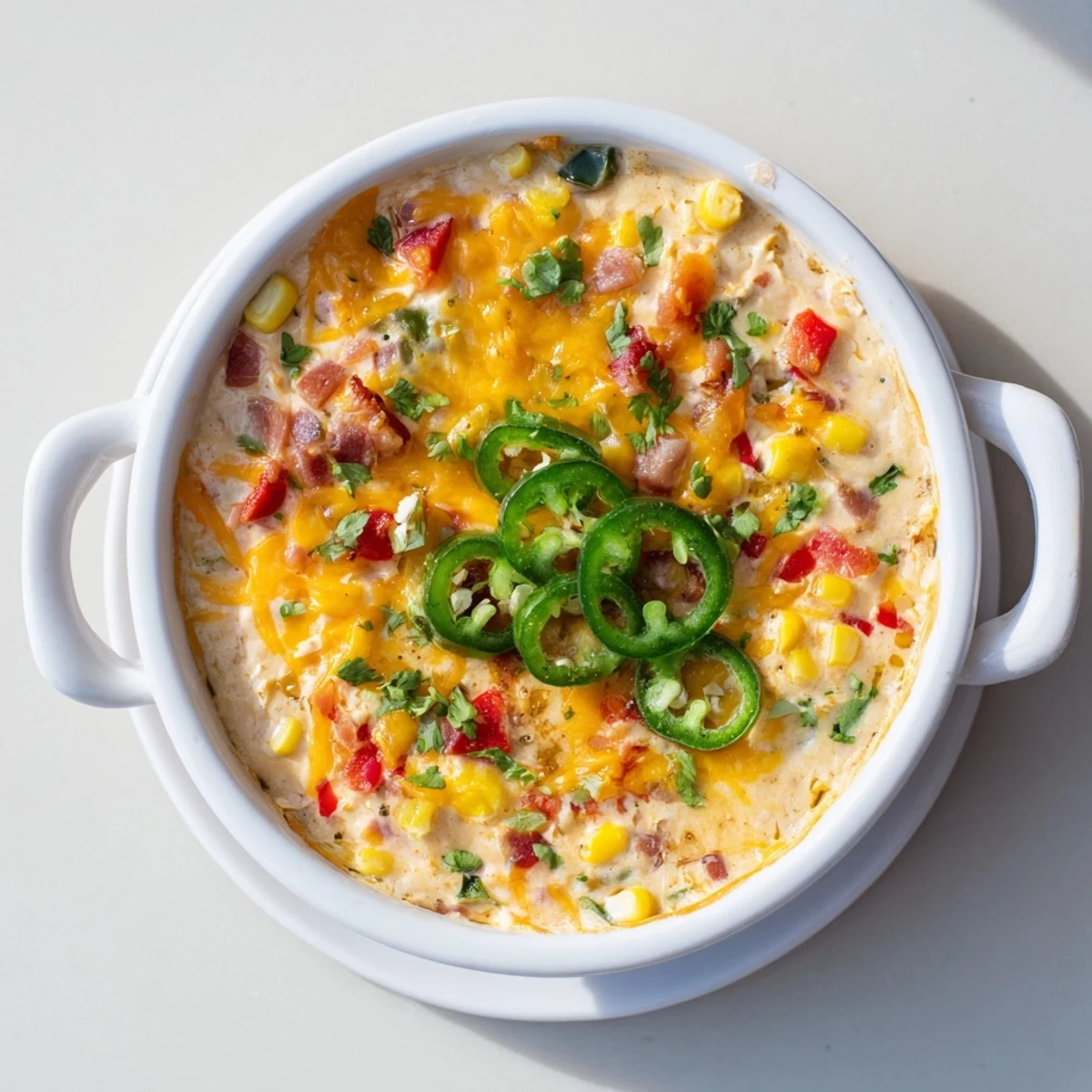 Golden bubbly spicy roasted jalapeno cowboy cream cheese dip served with crispy tortilla chips