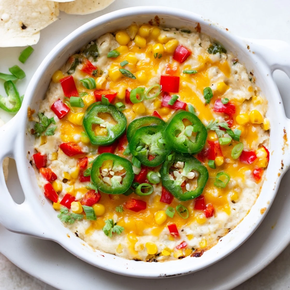 Creamy spicy roasted jalapeno cowboy cream cheese dip topped with melted cheddar and fresh cilantro